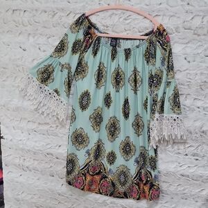 Bohemian Lace Trim Tunic Mini Dress Women's L- XL  Crochet Detail, Boho Sleeves